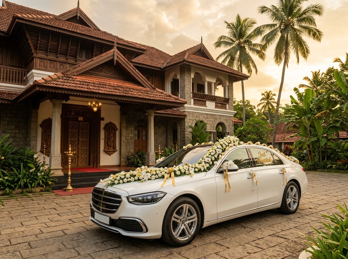 Luxury decorated wedding sedan car outside Kerala heritage palace